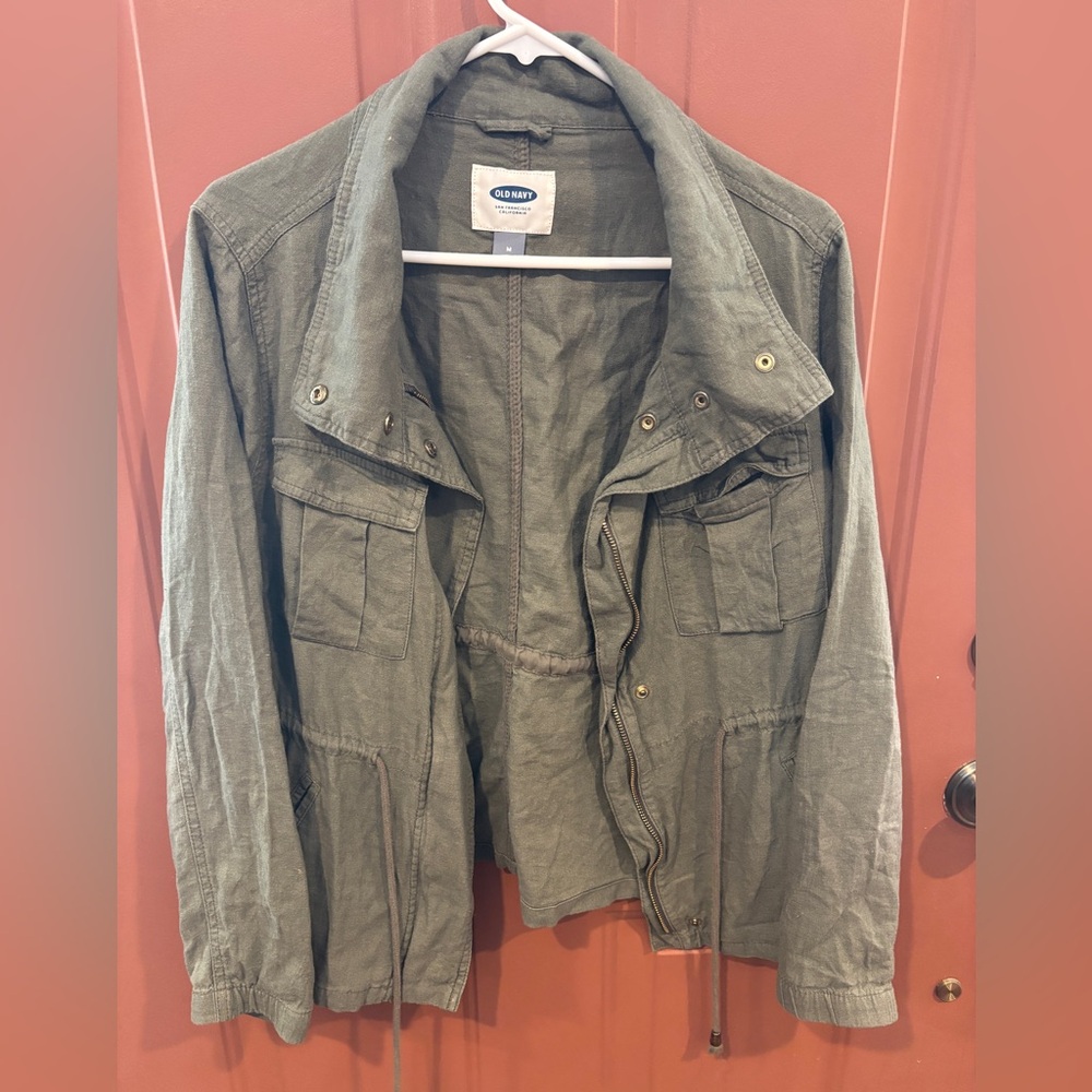 Old Navy Womens Olive Green Utility Jacket M Zip Drawstring Waist & Snap Button